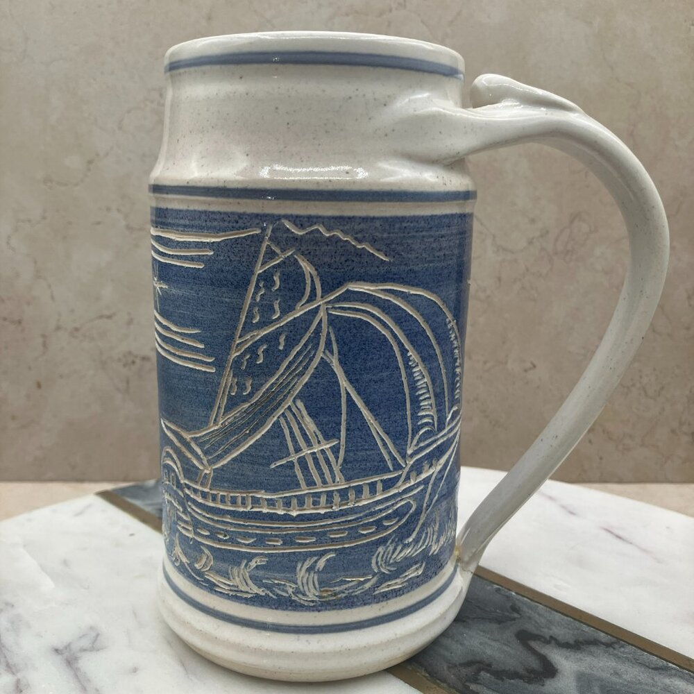 Vintage Studio Pottery Large Mug Wheel Thrown Hand Carved Artist Guegan